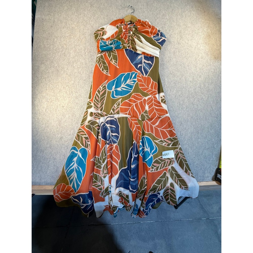 Nine West Tropical Leaf Halter Maxi Dress Orange Blue Green Sz‎ M Ruched Smocked